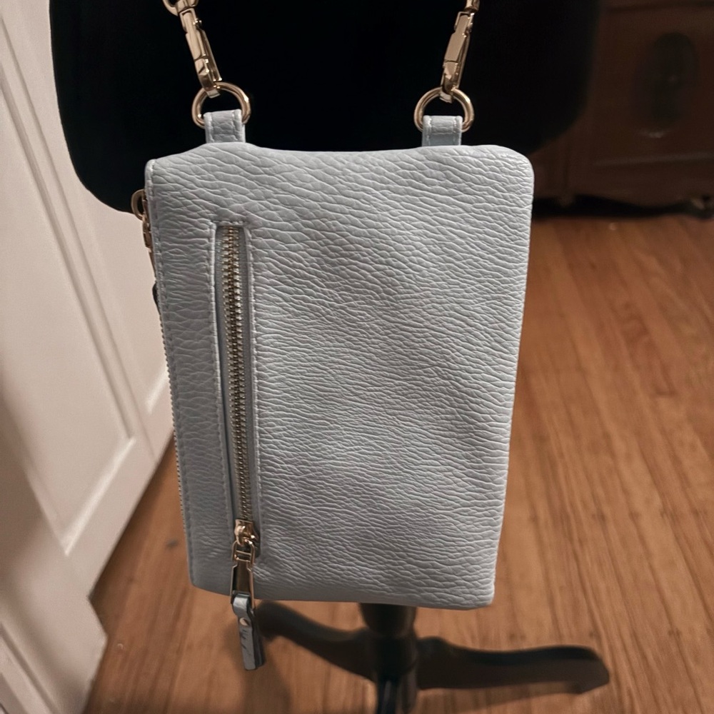 Light Blue Pebbled Leather Crossbody Purse w/ Gold Hardware.